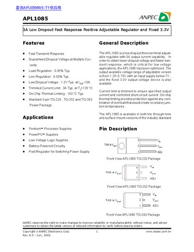 ANPEC APL1085 3A Low Dropout Regulator Datasheet - cover page