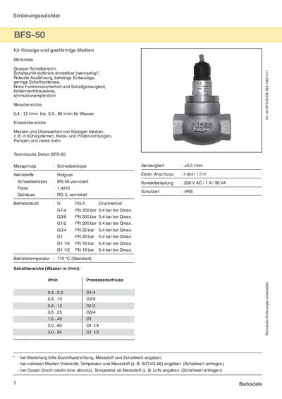 Barksdale BFS-50 Flow Monitor Technology Data - cover page