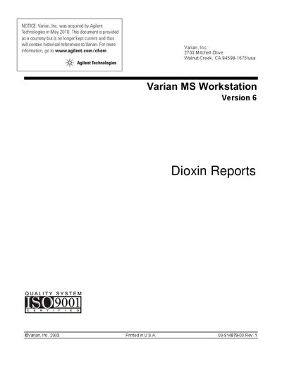 Agilent MS Workstation Version 6 Dioxin Reports User Guide - cover page
