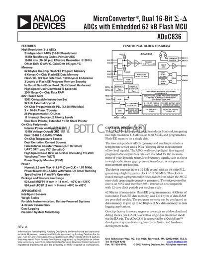 Analog Devices ADuC836 MicroConverter Datasheet - cover page