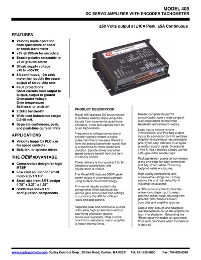 Copley Controls Model 405 DC Servo Amplifier with Encoder Tachometer User Manual - cover page