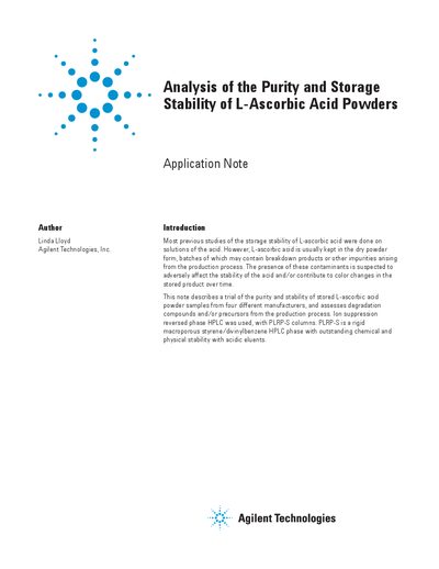 Agilent Analysis of Purity and Storage Stability of L-Ascorbic Acid Powders Application Note - cover page