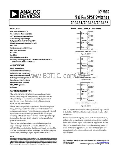 Analog Devices ADG451/ADG452/ADG453 Datasheet - cover page