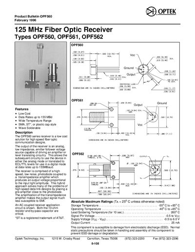 OPTEK 125 MHz Fiber Optic Receiver Types OPF560 OPF561 OPF562 handbook - cover page