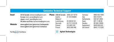 Agilent Genomics Technical Support Contact Information - cover page