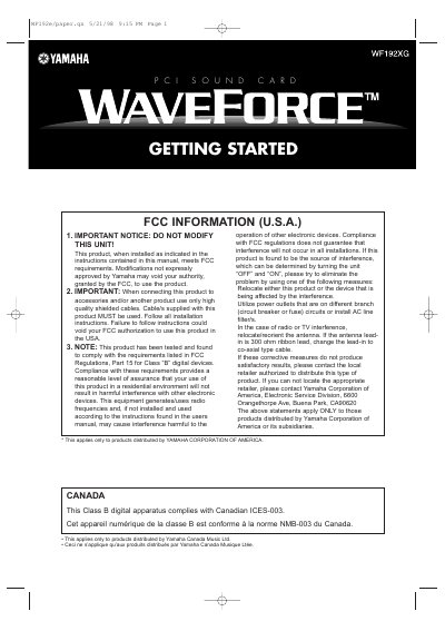 Yamaha WF192XG SoundCard Getting Started Guide - cover page
