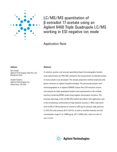 Agilent LC/MS/MS quantitation of &beta;-estradiol 17-acetate using an Agilent 6460 Triple Quadrupole LC/MS working in ESI negative ion mode Application Note - cover page