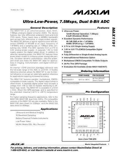 Maxim Integrated MAX1191 Ultra-Low-Power 7.5Msps Dual 8-Bit ADC Handbook - cover page