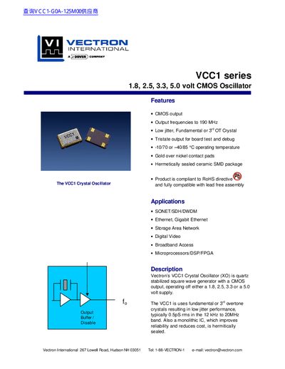 Vectron VCC1 Series CMOS Oscillator Datasheet - cover page