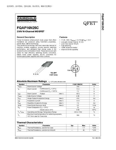 Fairchild FQAF16N25C 250V N-Channel MOSFET Datasheet - cover page