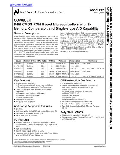 National Semiconductor COP888EK 8-Bit CMOS ROM Based Microcontrollers Datasheet - cover page