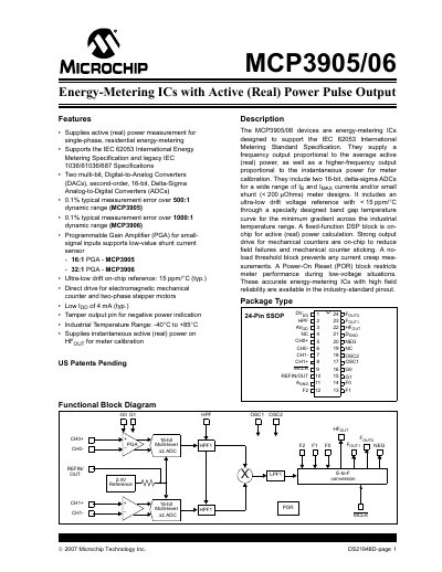 Microchip MCP3905/06 Energy-Metering IC Datasheet - cover page