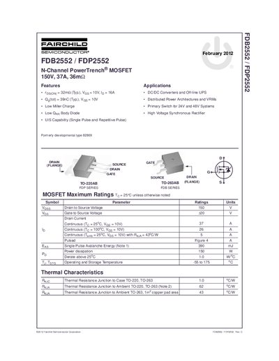 Fairchild FDB2552/FDP2552 N-Channel PowerTrench MOSFET Datasheet - cover page