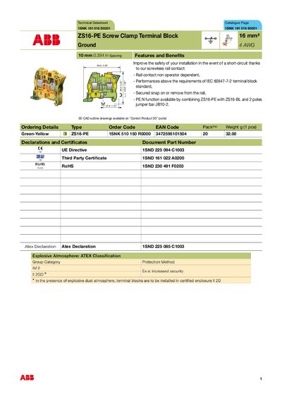 ABB ZS16-PE Screw Clamp Terminal Block Technical Datasheet - cover page