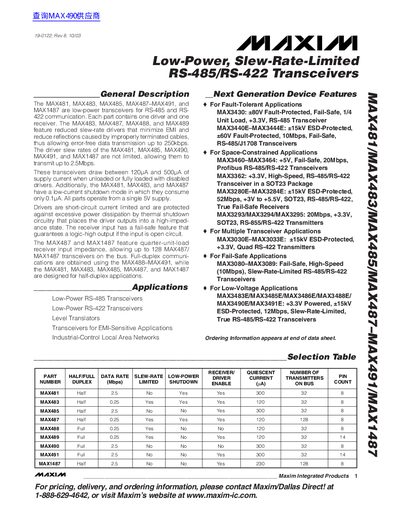 maxim MAX481/MAX483/MAX485/MAX487 MAX491/MAX1487 Manual(1) - cover page