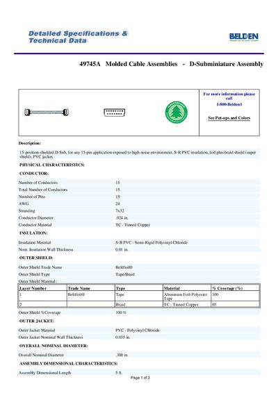 Belden 49745A Molded Cable Assemblies - D-Subminiature Assembly Product Disclosure