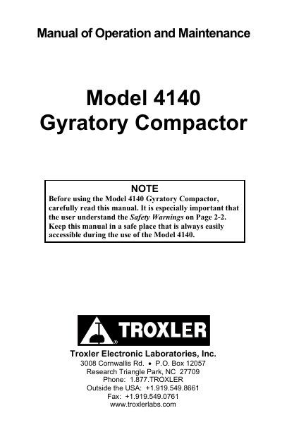 Troxler Model 4140 Gyratory Compactor Manual of Operation and Maintenance - cover page