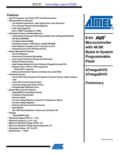 ATMEL Atmel AVR micro controller ATmega8HVA handbook (1)(1) - cover page
