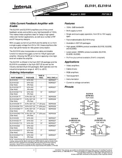 Intersil EL5191/EL5191A Amplifier Datasheet - cover page