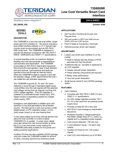 Teridian 73S8009R Smart Card Interface Datasheet - cover page