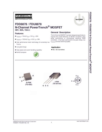 Fairchild Semiconductor FDD8878/FDU8878 30V 40A N-Channel MOSFET Datasheet - cover page