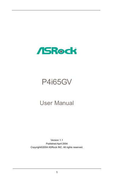 ASRock P4i65GV Motherboard User Manual - cover page