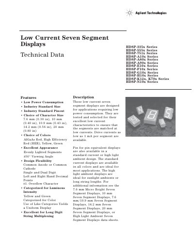Agilent Low Current Seven Segment Displays Technical Data - cover page