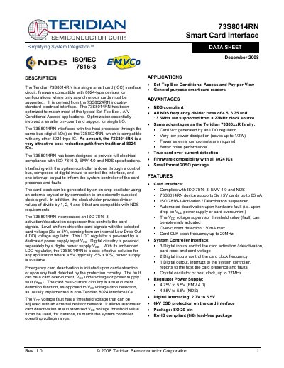 Teridian 73S8014RN Smart Card Interface Datasheet - cover page