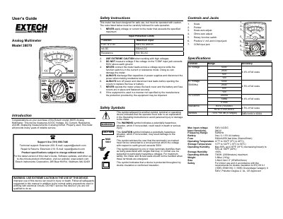 Extech Model 38070 Analog Multimeter User's Guide - cover page