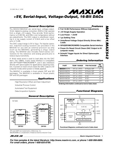Maxim MAX541/MAX542 16‑Bit DAC Datasheet - cover page