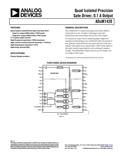 Analog Devices ADuM1420 Quad Isolated Precision Gate Driver Datasheet - cover page