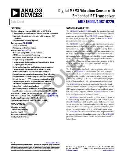 Analog Devices ADIS16000/ADIS16229 Digital MEMS Vibration Sensor Data Sheet
