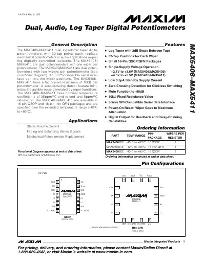 Maxim MAX5408–MAX5411 Dual Audio Log Taper Digital Potentiometer Datasheet - cover page