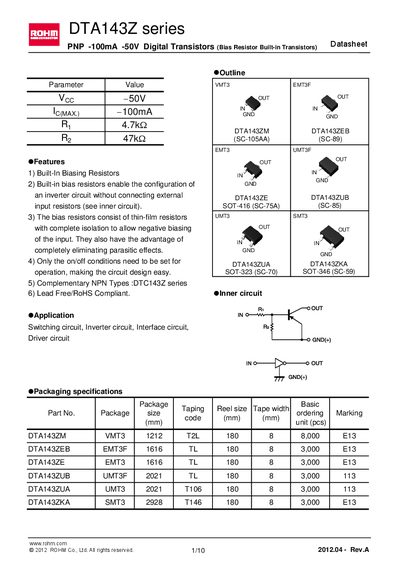 ROHM DTA143ZUB Datasheet - cover page