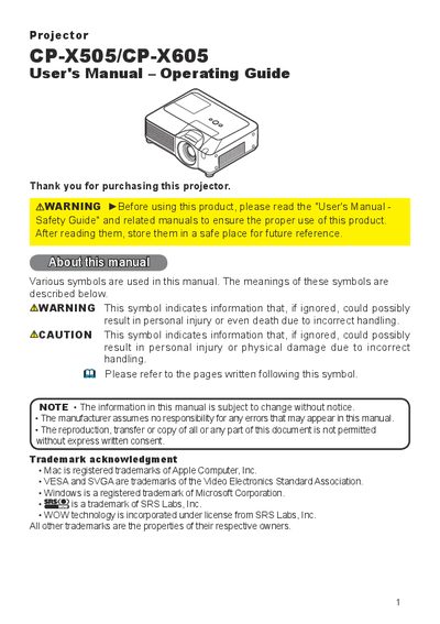 CP-X505/CP-X605 Projector User Manual - cover page