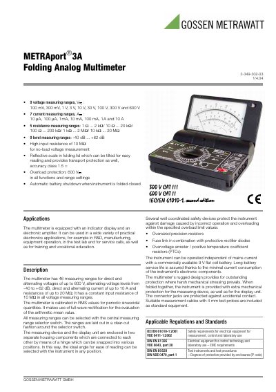 Gossen Metrawatt METRAport 3A Folding Analog Multimeter User Manual - cover page