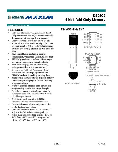 Maxim Integrated DS2502 1 kbit Add‑Only Memory Datasheet - cover page