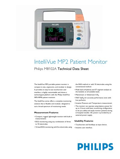 Philips M8102A IntelliVue MP2 Patient Monitor Technical Data Sheet - cover page