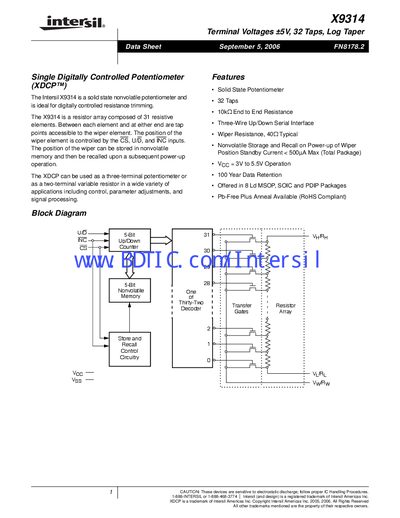 Intersil X9314 Solid State Digitally Controlled Potentiometer Datasheet - cover page