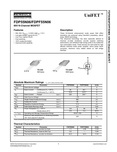 Fairchild FDP55N06/FDPF55N06 60V N-Channel MOSFET Datasheet - cover page
