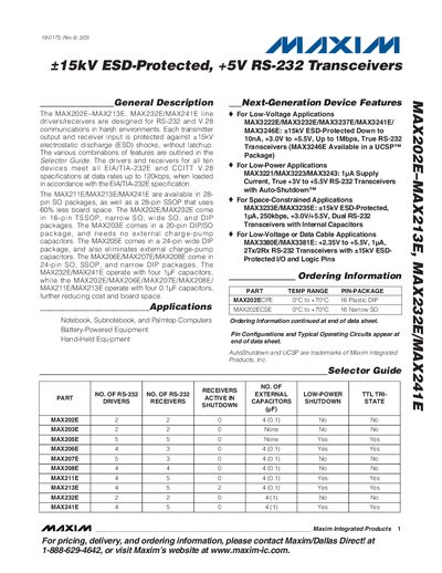 Maxim MAX202E/MAX213E/MAX232E/MAX241E RS-232 Transceiver Datasheet - cover page