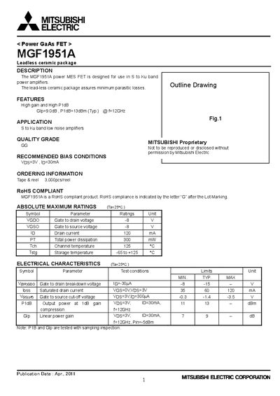 Mitsubishi Electric MGF1951A Power GaAs FET Datasheet - cover page