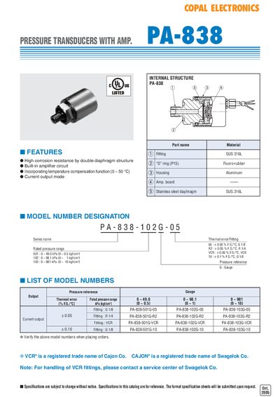 Copal PA-838 Pressure Transducer with Amplifier Product Leaflet - cover page