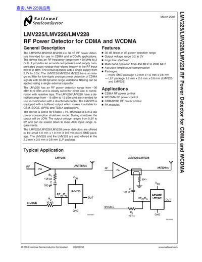 National Semiconductor LMV225/LMV226/LMV228 RF Power Detector Datasheet
