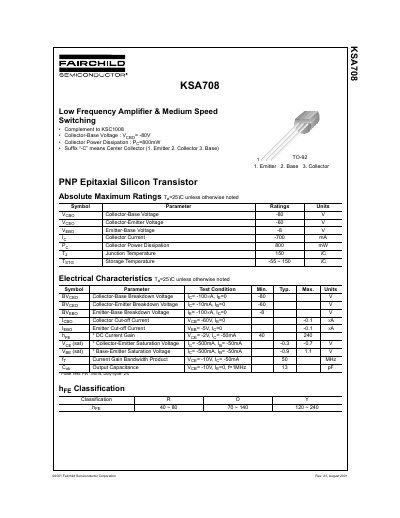 Fairchild Semiconductor KSA708 PNP Transistor Datasheet - cover page