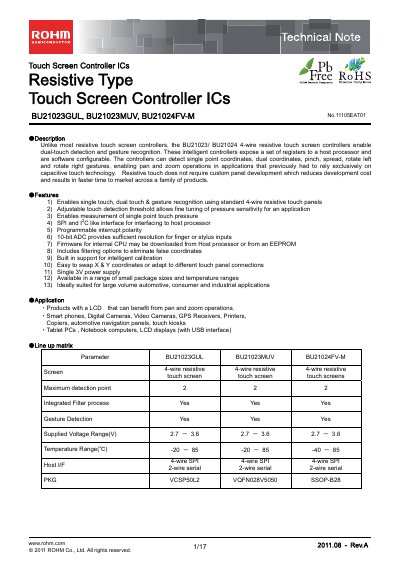ROHM BU21024FV-M Touch Screen Controller Technical Note - cover page