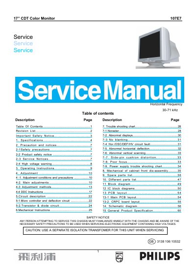 Philips 107E7 17" CDT Color Monitor Service Manual - cover page
