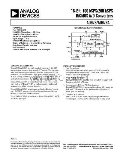 Analog Devices AD976/AD976A 16‑Bit ADC Datasheet - cover page