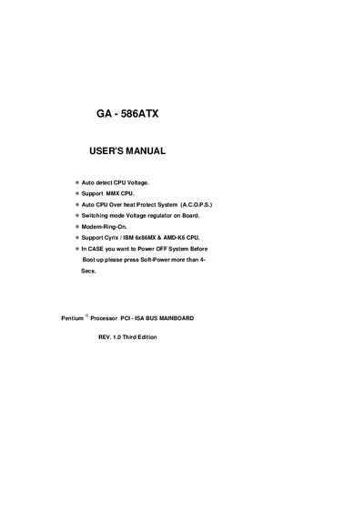 GA-586ATX Pentium Processor PCI-ISA Bus Mainboard User Manual