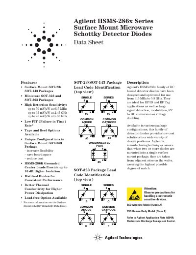 Agilent HSMS-286x Series Schottky Detector Diodes Data Sheet - cover page